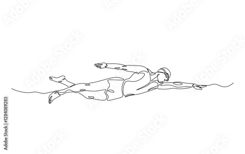 Continuous line drawing of swimmer in action. Athlete swimming simple outline illustration.