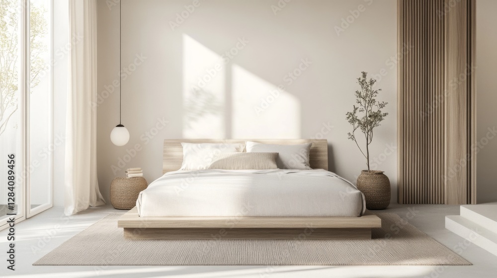 Fototapeta premium Modern minimalist bedroom with natural light, neutral tones, and serene decor elements