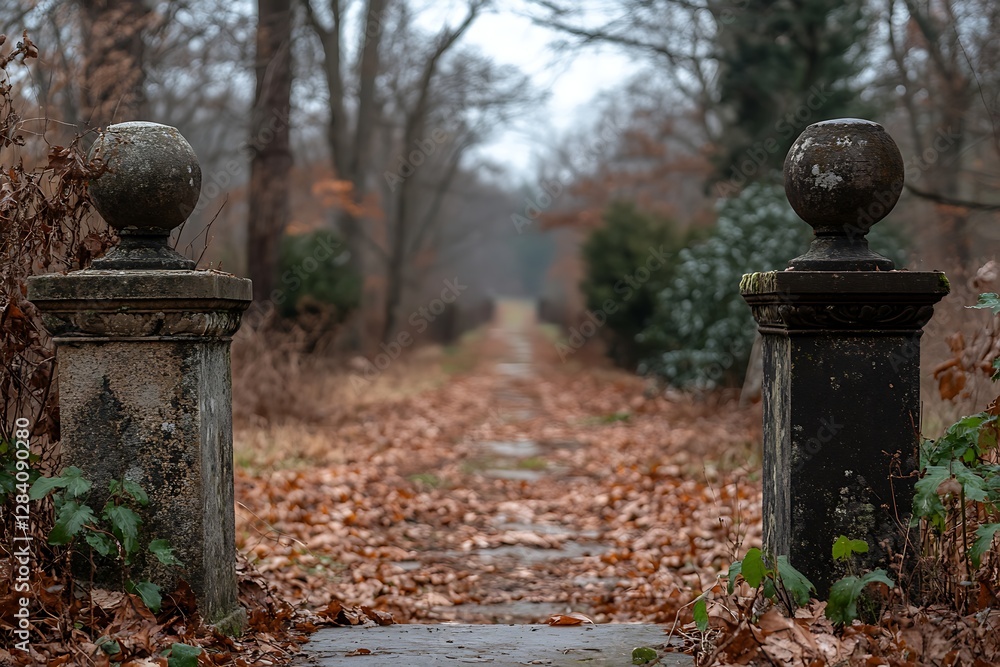 Fototapeta premium Aged stone pillars autumnal pathway forest
