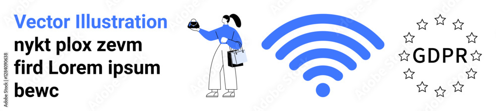 Woman holding a phone, GDPR compliance stars, and a large wireless symbol convey data security and connectivity. Ideal for privacy, cybersecurity, compliance, internet, remote work, technology flat Woman holding a phone, GDPR compliance stars, and a large wireless symbol convey data security and connectivity. Ideal for privacy, cybersecurity, compliance, internet, remote work, technology flat