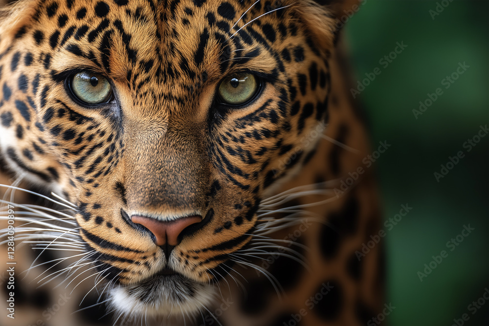 Obraz premium Majestic leopard showcases striking features in a lush green habitat during daylight hours