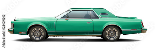 Classic American luxury car in blue green. With a coupe body and a soft top in blue green. In png format on a transparent background.