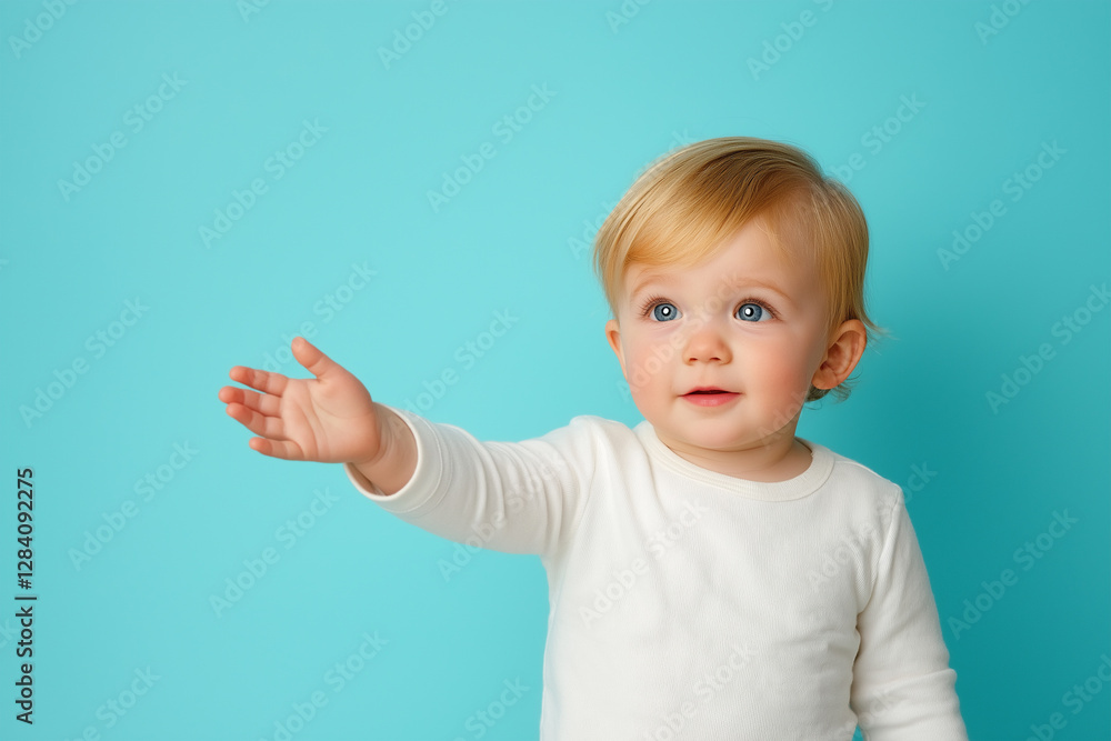 Young child reaching out with a curious expression against a bright blue backdrop in a playful atmosphere Young child reaching out with a curious expression against a bright blue backdrop in a playful atmosphere