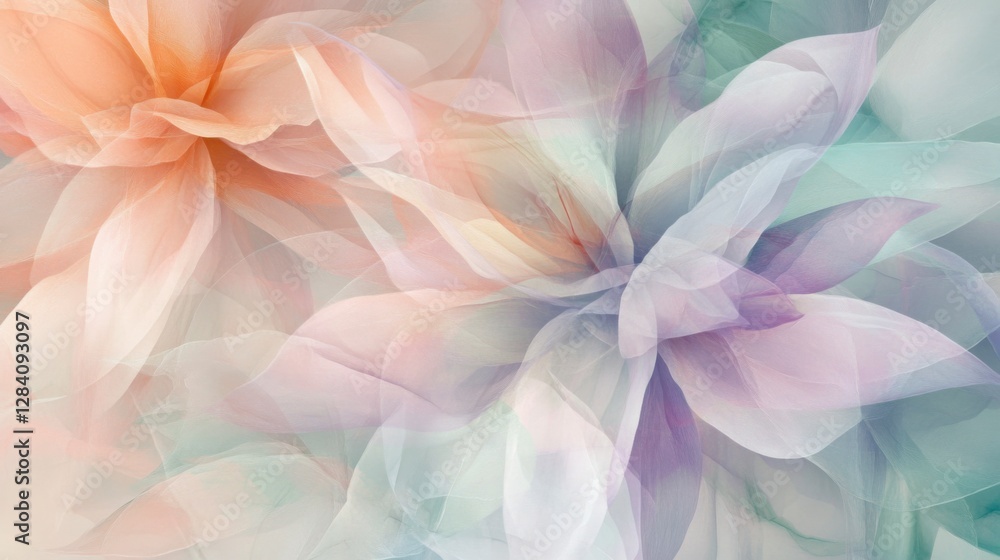 Obraz premium An artistic floral composition with soft, translucent petals in pastel peach, lavender, and light green, set against a soothing background of abstract leaves.