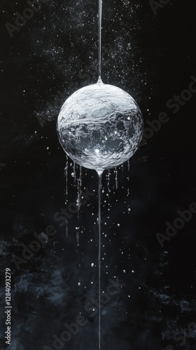 Glowing Water Sphere Suspended in Midair With Droplets Cascading in a Dark En...