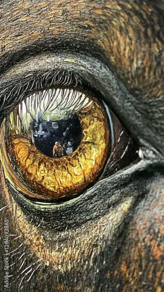Close-up view of a dog's eye reflecting its surroundings with striking detail and color Close-up view of a dog's eye reflecting its surroundings with striking detail and color
