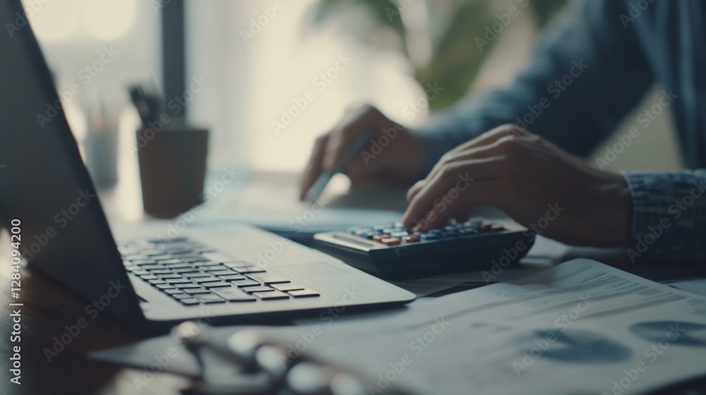 Analyzing Financial Data: Close-up of Man Calculating Figures at His Desk Analyzing Financial Data: Close-up of Man Calculating Figures at His Desk