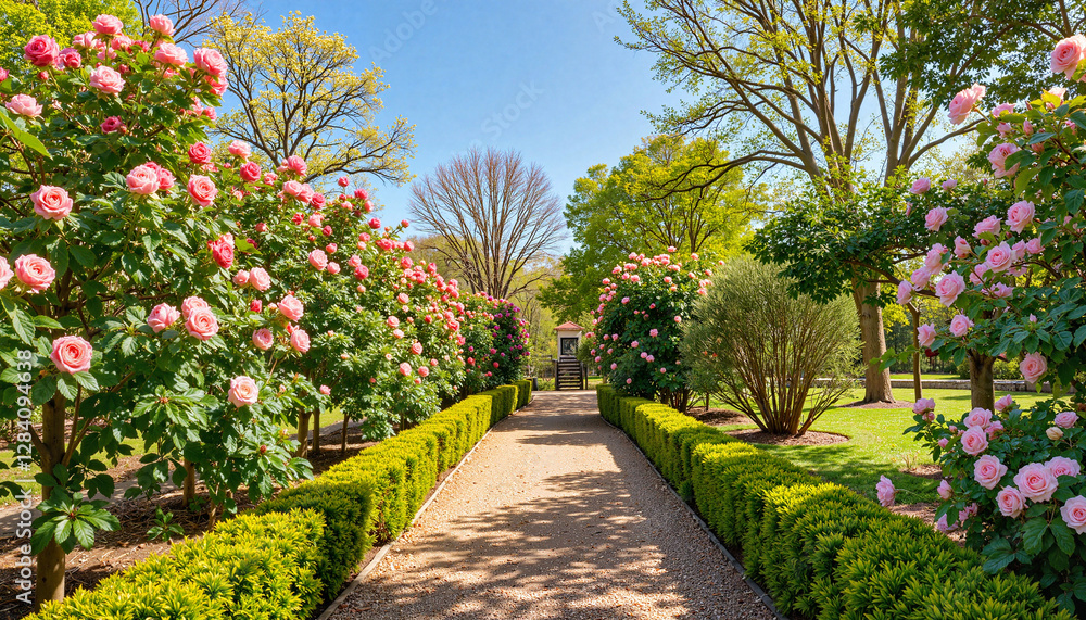 Fototapeta premium Vibrant garden path lined with climbing roses in late spring, beauty