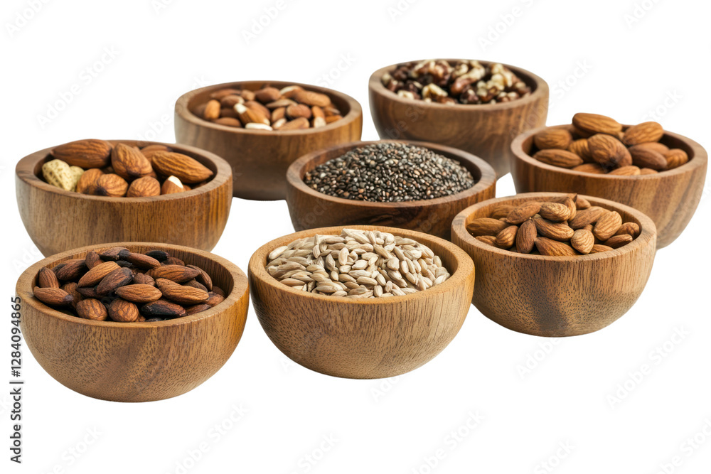 A beautifully arranged selection of nuts, seeds, and grains in small wooden bowls symbolizing healthy and natural eating A beautifully arranged selection of nuts, seeds, and grains in small wooden bowls symbolizing healthy and natural eating
