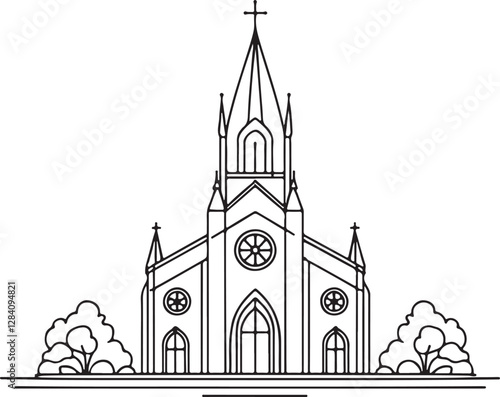 Detailed Catholic Church Line Drawing Illustration