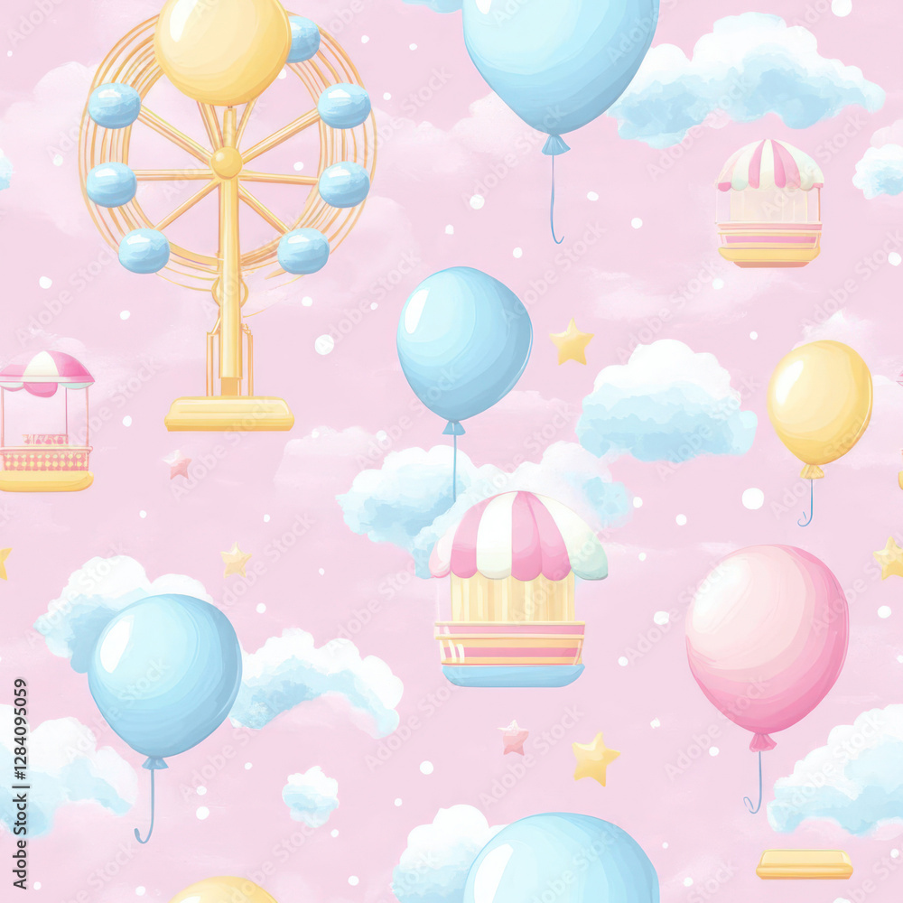 Obraz premium Cute carnival pattern with balloons and clouds . seamless pattern. repeating pattern.