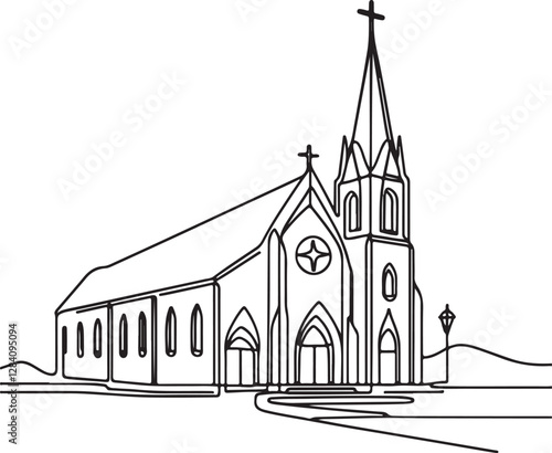 Detailed Catholic Church Line Drawing Illustration