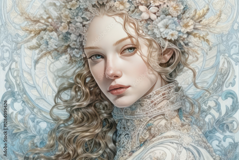 Fototapeta premium a girl with expressive eyes and long wavy hair decorated with flowers.