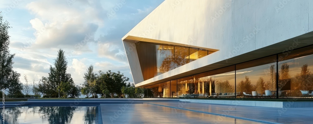Fototapeta premium Modern architectural design with minimalist exterior and reflective pool