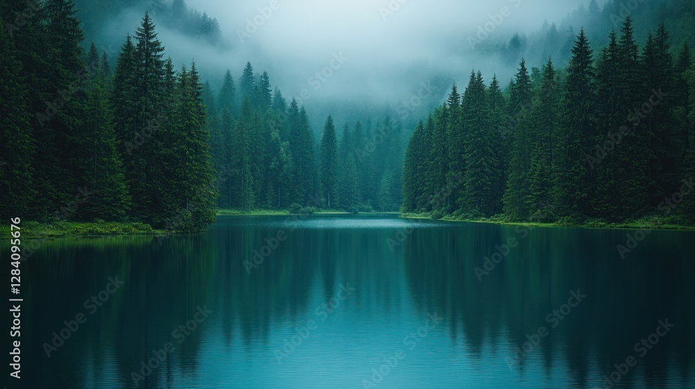 Serene lake reflecting misty forest, tranquil nature scene. Serene lake reflecting misty forest, tranquil nature scene.