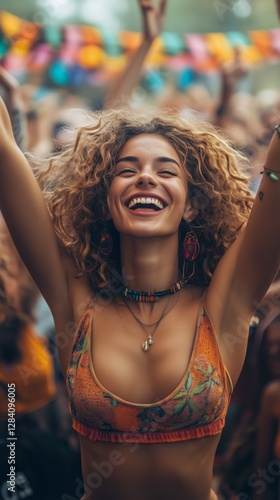 Happy Woman Smiling in a Crowded Street Festival During the Afternoon