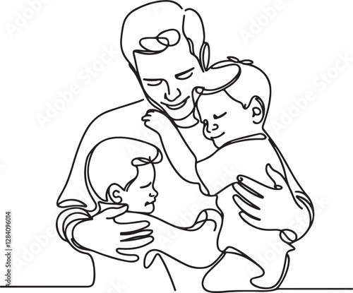 Heartwarming Line Drawing of Dad Hugging Children