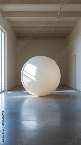Bright Minimalist Interior Featuring a Large White Sphere in a Modern Archite...