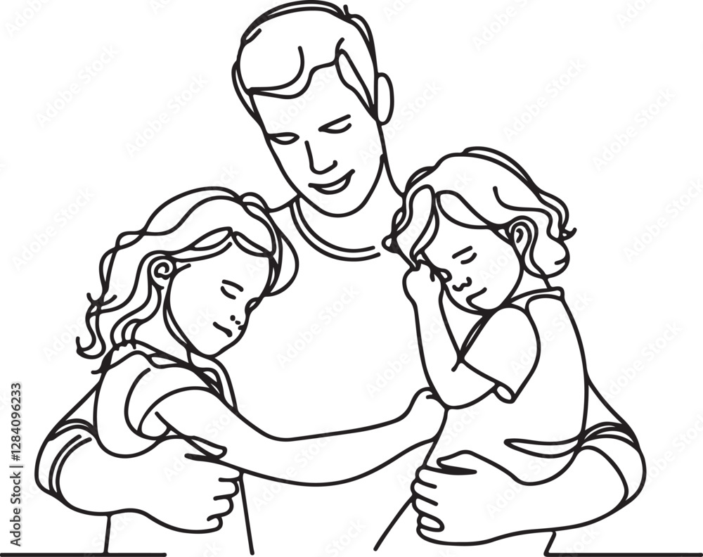 Heartwarming Line Drawing of Dad Hugging Children Heartwarming Line Drawing of Dad Hugging Children