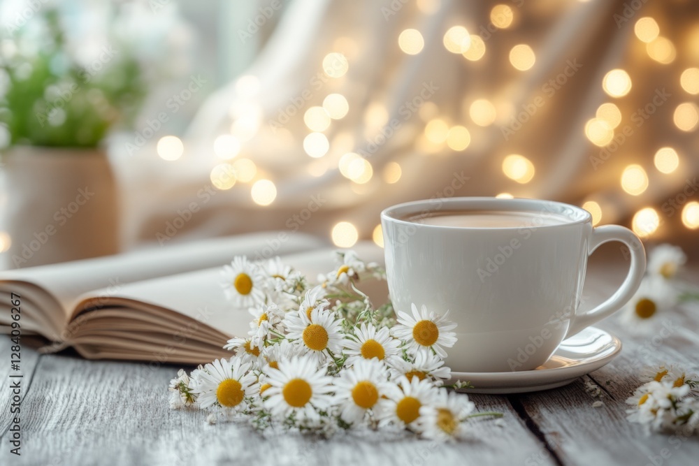 Fototapeta premium Cozy coffee moment with flowers and an open book in a softly lit space enhancing relaxation and comfort