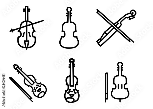 Violin and Cello Line Art Vector Set, Classical String Instruments Icons, Musical Bow and Fiddle Illustrations, Orchestral Music Symbols, Minimalist Black and White Sketches, Symphony and Concert Grap