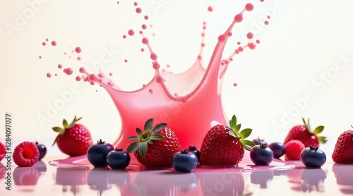 Fresh berries bursting in a dreamy pink milk splash—perfect for food photography, organic product marketing, and fruit lovers.