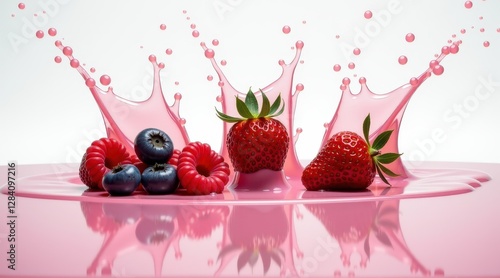 A vibrant splash of strawberries, raspberries, and blueberries in pink milk, creating a stunningly fresh and delicious fruit explosion