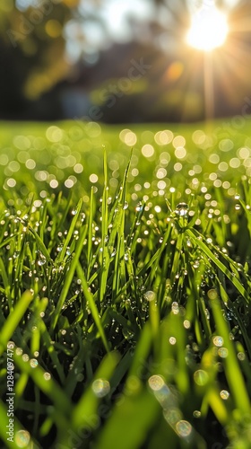 Dew-covered Grass Glistens Under Sunlight in a Serene Outdoor Setting During ...