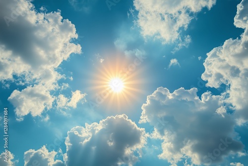 Bright Sun Illuminating Fluffy Clouds in a Vibrant Blue Sky During Midday