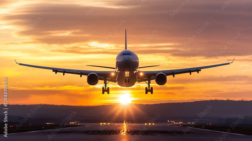Fototapeta premium Airplane taking off into the sunset with dramatic lighting on the runway below : Generative AI