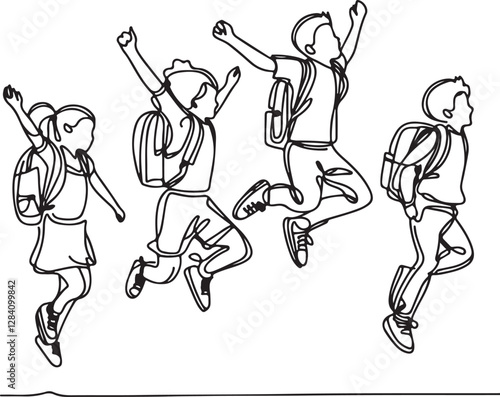 Line Drawing of Happy Boy and Girl Pupils Jumping with Backpacks