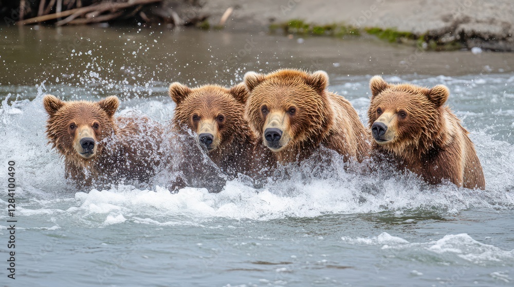 Four brown bears swimming in a river Four brown bears swimming in a river