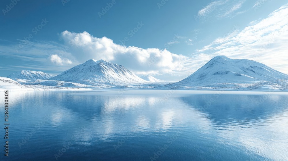 Vast Lake Reflecting Snowy Mountains and Cloudy Sky in Winter Landscape With Crisp White and Blue Tones On A Bright Sunny Day Vast Lake Reflecting Snowy Mountains and Cloudy Sky in Winter Landscape With Crisp White and Blue Tones On A Bright Sunny Day