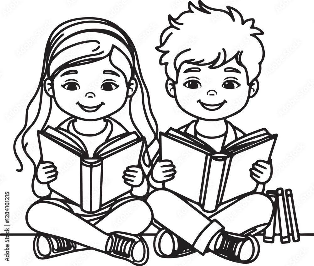 Happy Kids Reading Line Drawing Illustration Happy Kids Reading Line Drawing Illustration
