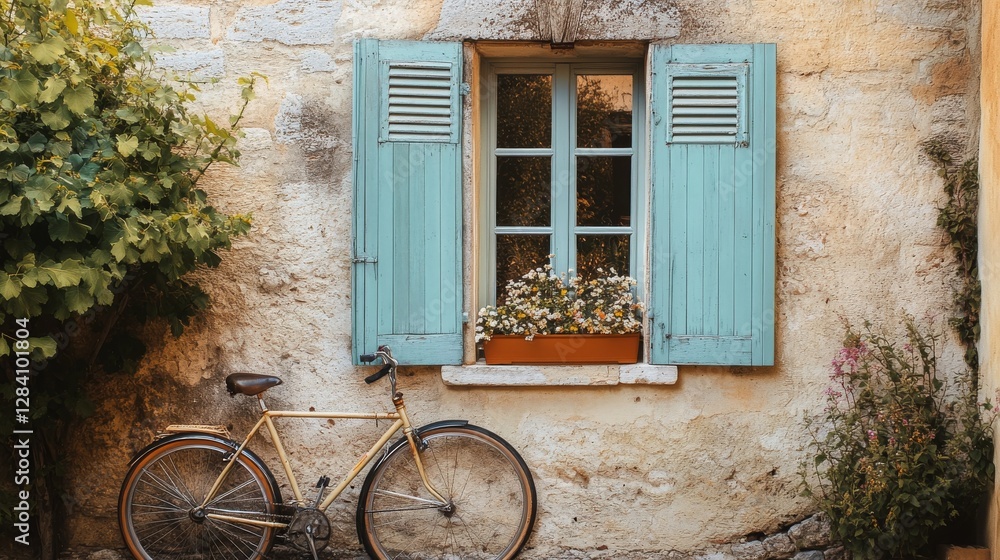 Beautiful view of a charming window with shutters in the countryside of Provence, France, with a bicycle parked outside. Beautiful view of a charming window with shutters in the countryside of Provence, France, with a bicycle parked outside.