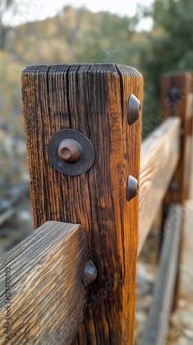 Close-up View of a Rustic Wooden Fence Post With Metal Accents in a Natural S...