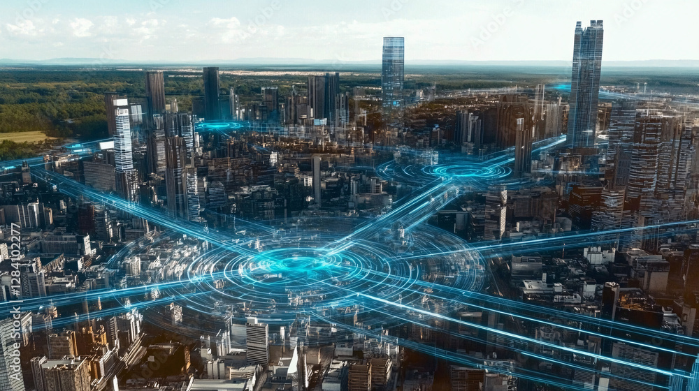 Fototapeta premium A futuristic smart city with glowing blue digital pathways representing AI-powered urban infrastructure and advanced connectivity systems 