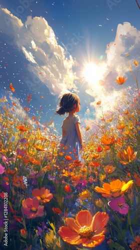 Little Girl Enjoying a Sunny Day in a Vibrant Flower Field During Golden Hour