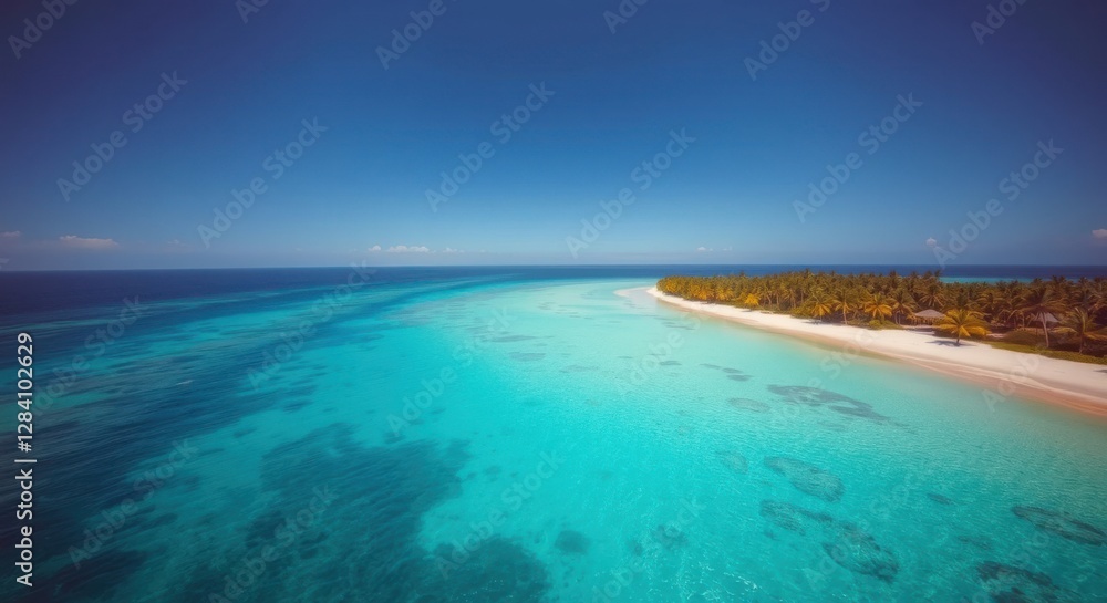 Aerial view of tropical island paradise with turquoise waters and a sandy beach on a sunny day. Aerial view of tropical island paradise with turquoise waters and a sandy beach on a sunny day.
