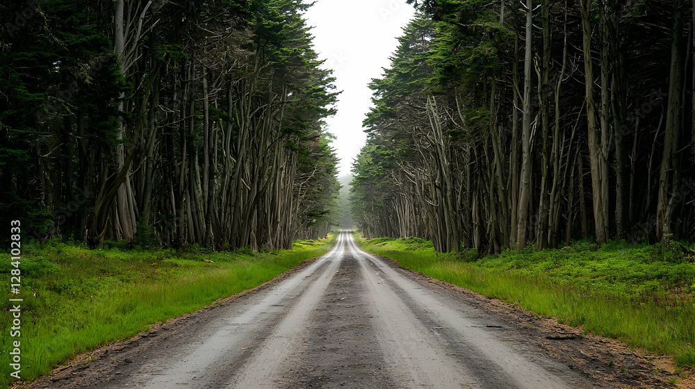 Straight Dirt Road Through Dense Green Forest With Lush Vegetation Under Bright Daylight Straight Dirt Road Through Dense Green Forest With Lush Vegetation Under Bright Daylight