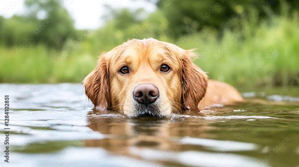 Golden retriever swimming in serene lake surrounded by lush green nature : Generative AI Golden retriever swimming in serene lake surrounded by lush green nature : Generative AI