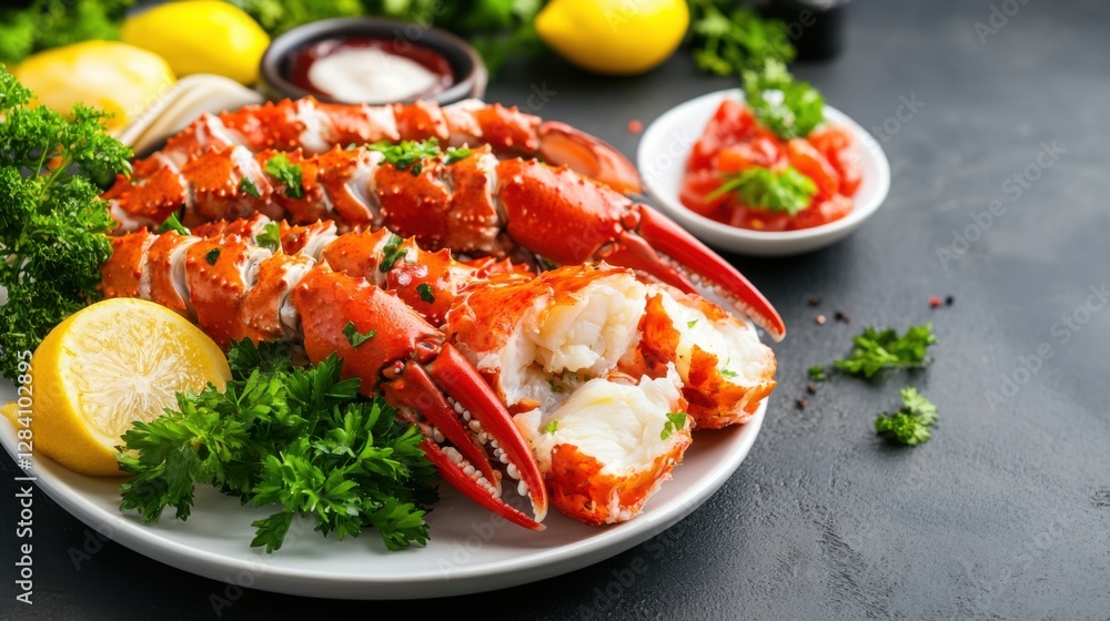 Freshly Cooked Lobster with Lemon and Herbs on a Plate Freshly Cooked Lobster with Lemon and Herbs on a Plate