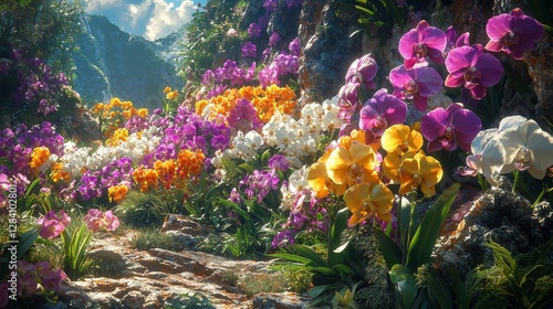 Vibrant orchid blooming landscape tropical garden nature photography lush environment wide-angle view serenity