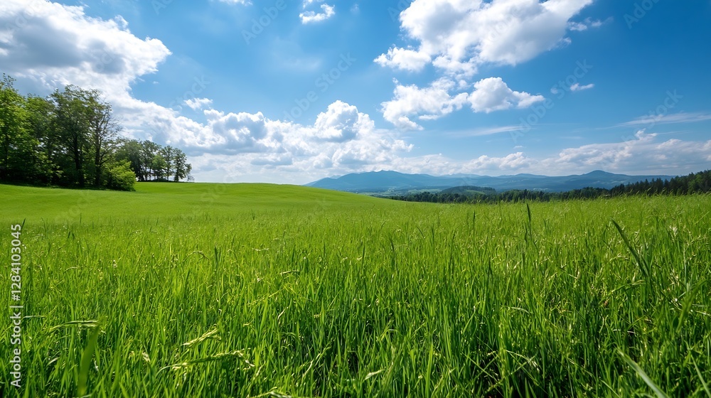 Vibrant green grass field under a clear blue sky with fluffy white clouds creating a peaceful landscape : Generative AI Vibrant green grass field under a clear blue sky with fluffy white clouds creating a peaceful landscape : Generative AI