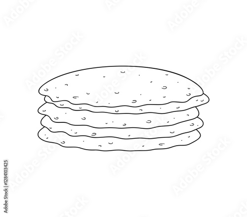 Stack of pancakes, black and white graphic illustration sketch, hand-drawn line, vector. Delicious, fresh breakfast, round tortilla.  The icon element for the Carnival holiday, decorations, covers