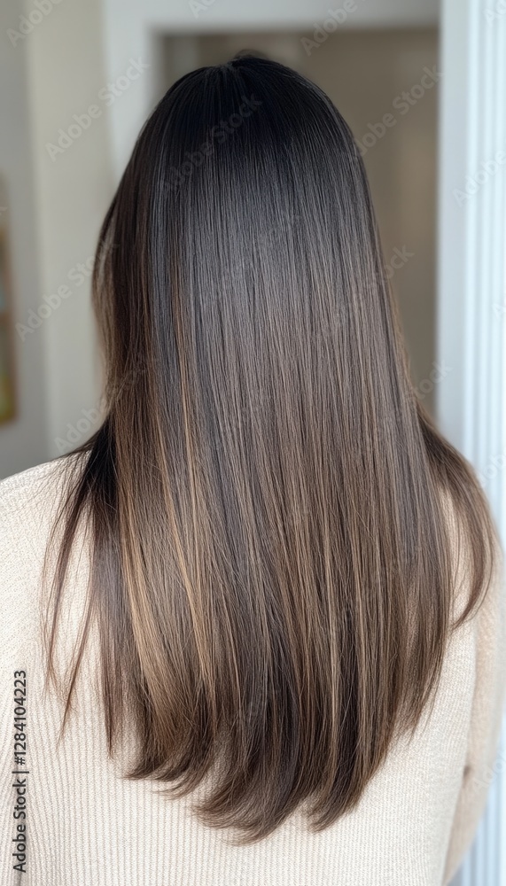A serene image showcasing the back of a person with long, straight, dark hair in soft light. A serene image showcasing the back of a person with long, straight, dark hair in soft light.