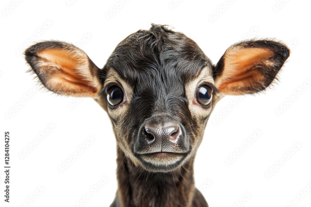 Obraz premium A close-up shot of a baby calf with large, expressive brown eyes and a soft, velvety nose, its small, rounded ears catching the light, exuding cuteness.