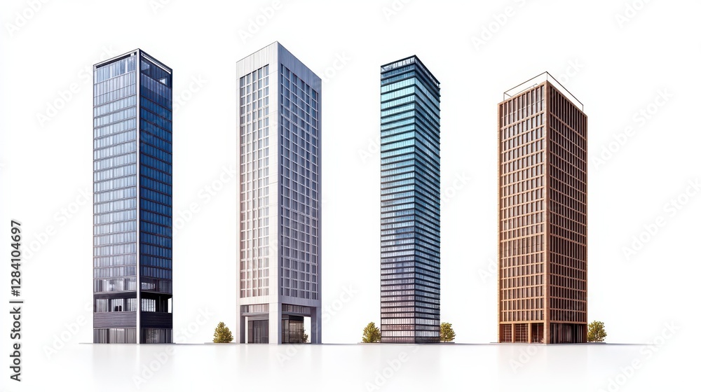 Four modern high-rise buildings with minimalist design on white background Four modern high-rise buildings with minimalist design on white background