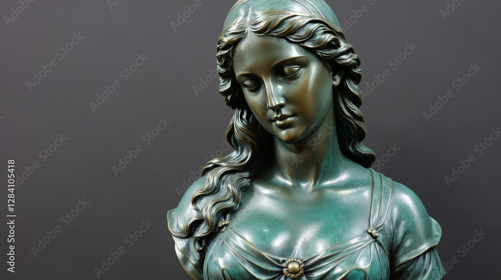Bronze statue of Marianne with a contemplative expression on a dark background for Bastille Day concept Bronze statue of Marianne with a contemplative expression on a dark background for Bastille Day concept