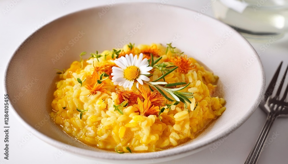 Saffron risotto garnished with fresh chamomile flowers and herbs Saffron risotto garnished with fresh chamomile flowers and herbs